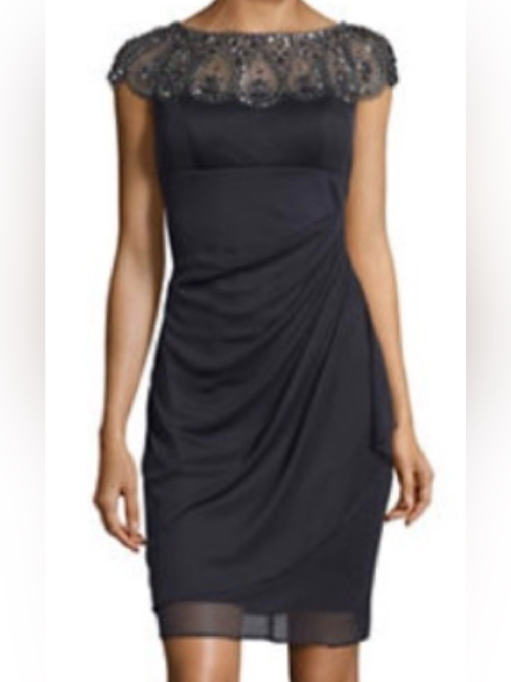Xscape Navy Beaded Illusion Yoke Cocktail Dress